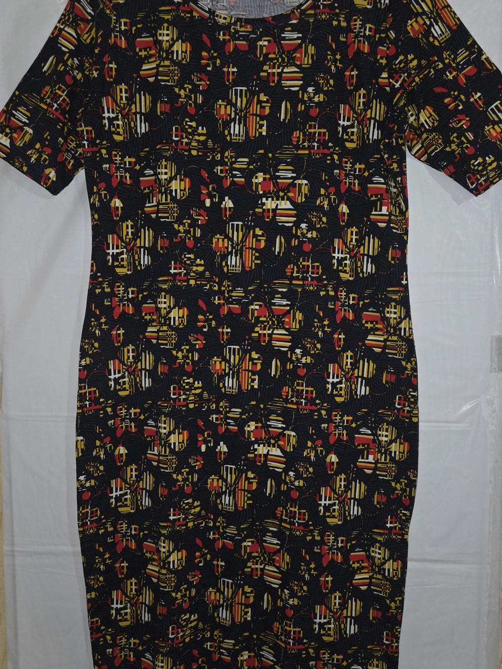 LuLaRoe Black Midi Dress with Red and Yellow Geometric Print